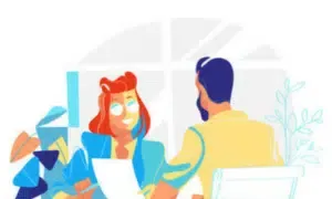 disegno stilizzato e colorato di un'impiegata che parla alla scrivania con un uomo di spalle e gli mostra un documento